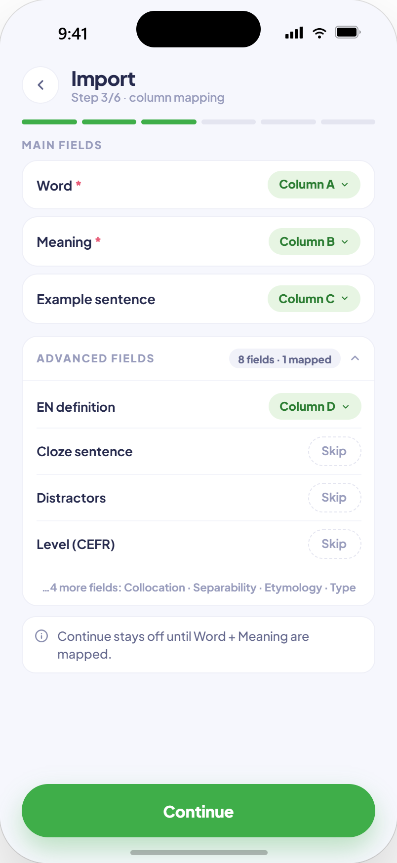 Import flow screen