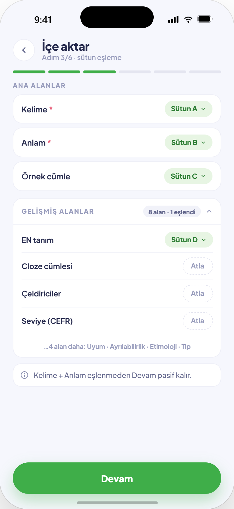 İçe aktarma: sütun eşleme ekranı