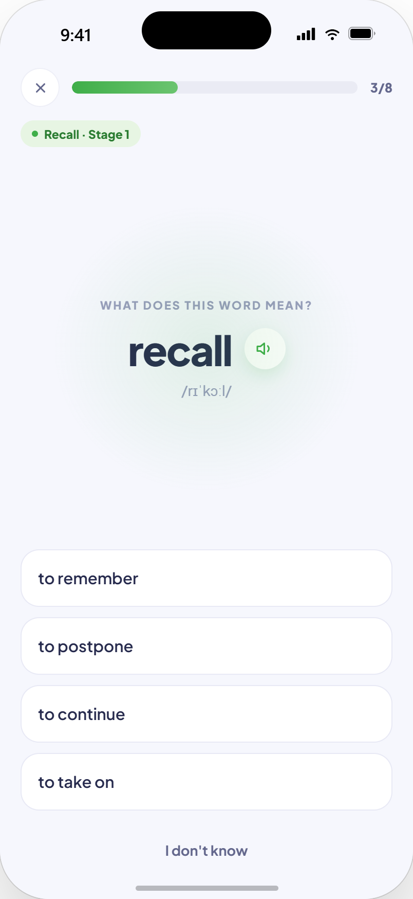 Study screen with multiple-choice question